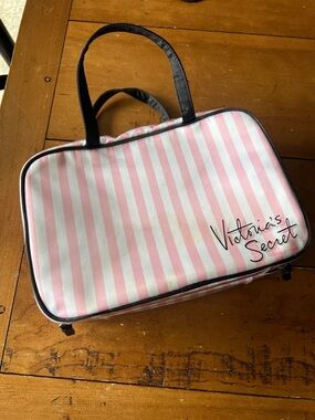 Victoria's Secret Pink & White Striped Cosmetic Tote with Black Trim